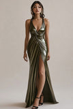 Olive Metallic Ruched Mermaid Evening Dress with Slit