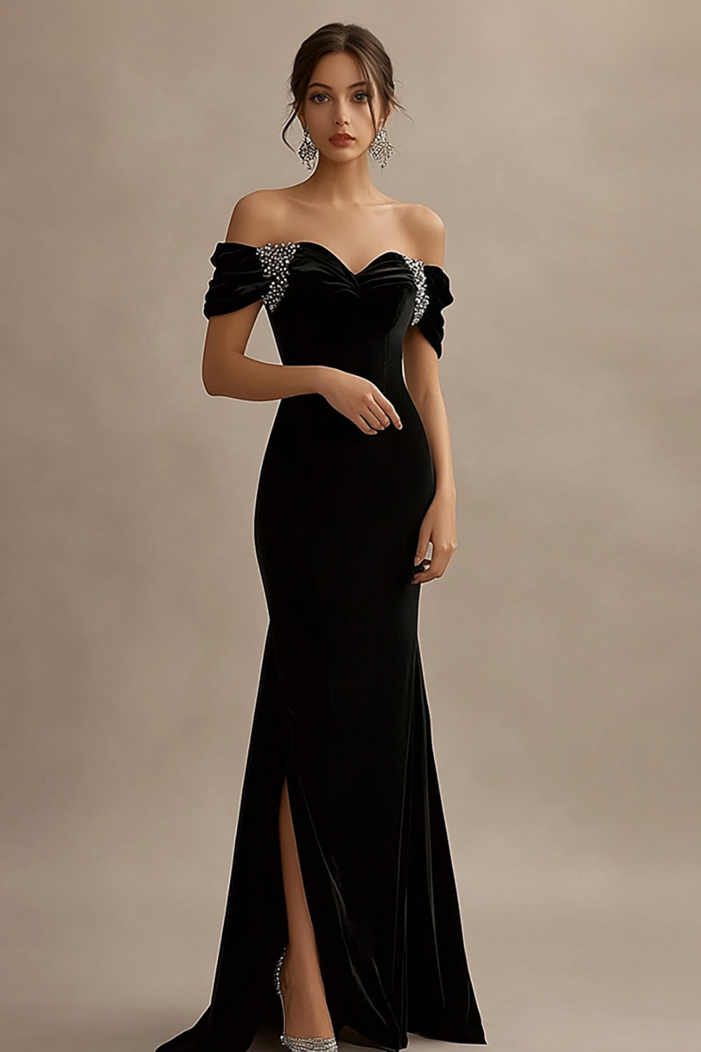 Off The Shoulder Black Mermaid Evening Dress with Beading