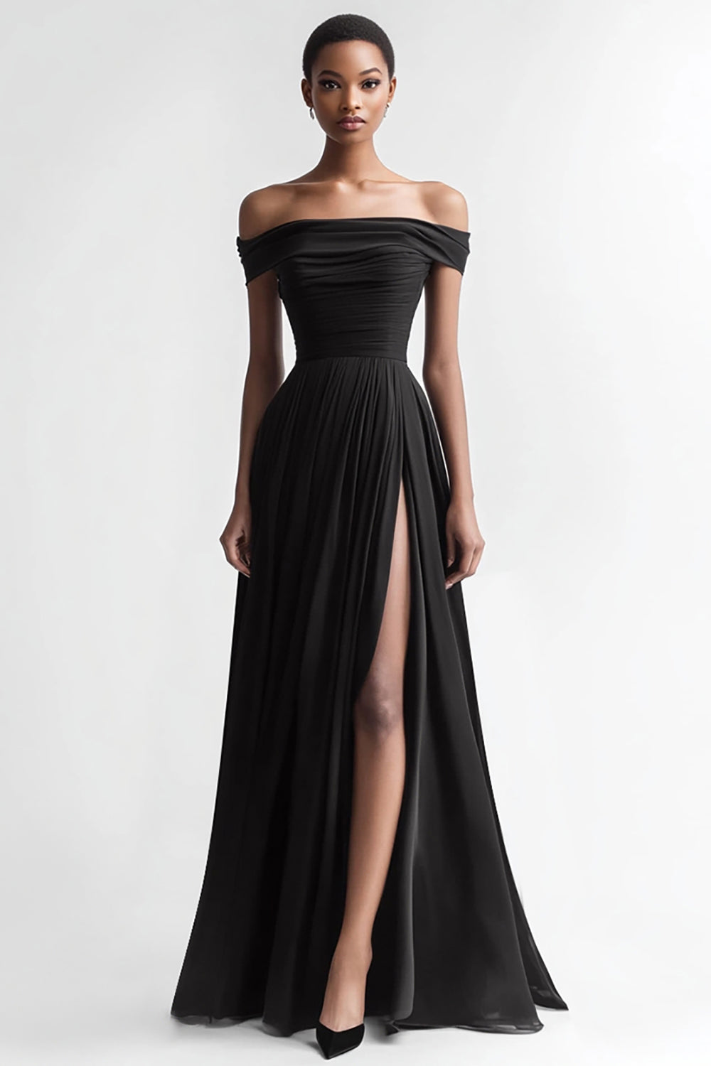 Black A Line Off The Shoulder Evening Dress with Slit