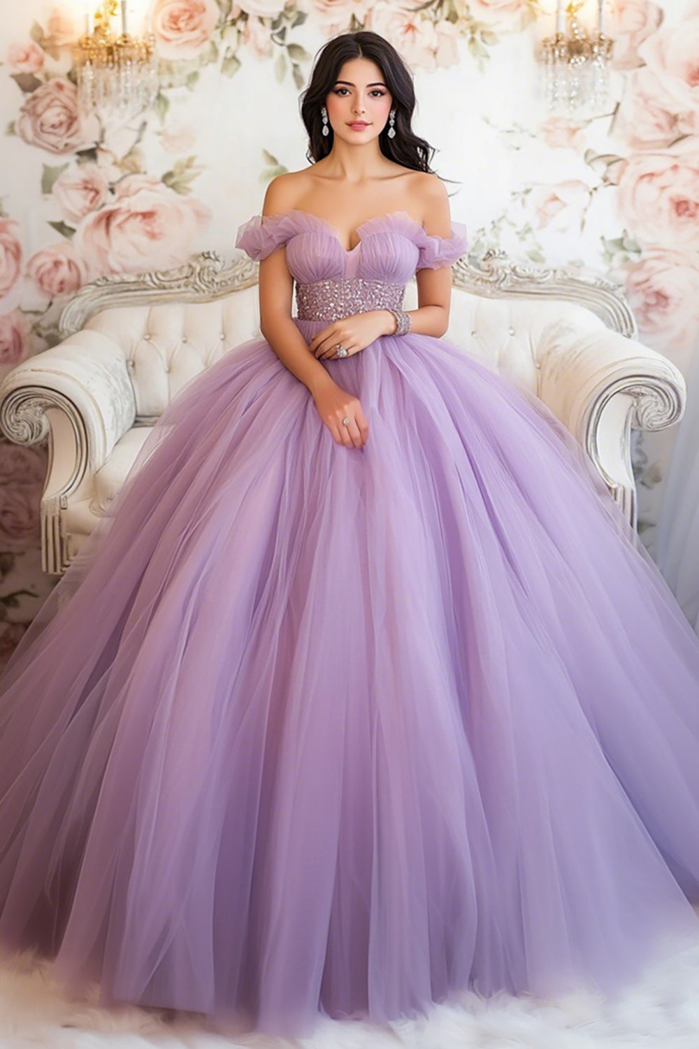 Lilac Ball Gown Off The Shoulder Ruffled Quinceanera Dress