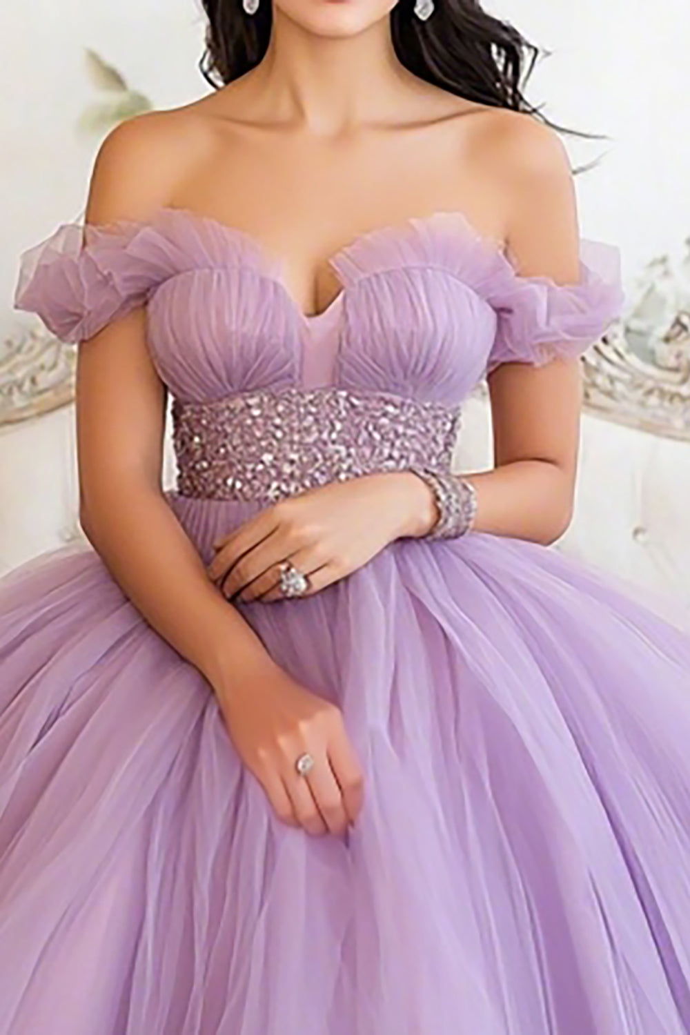 Lilac Ball Gown Off The Shoulder Ruffled Quinceanera Dress