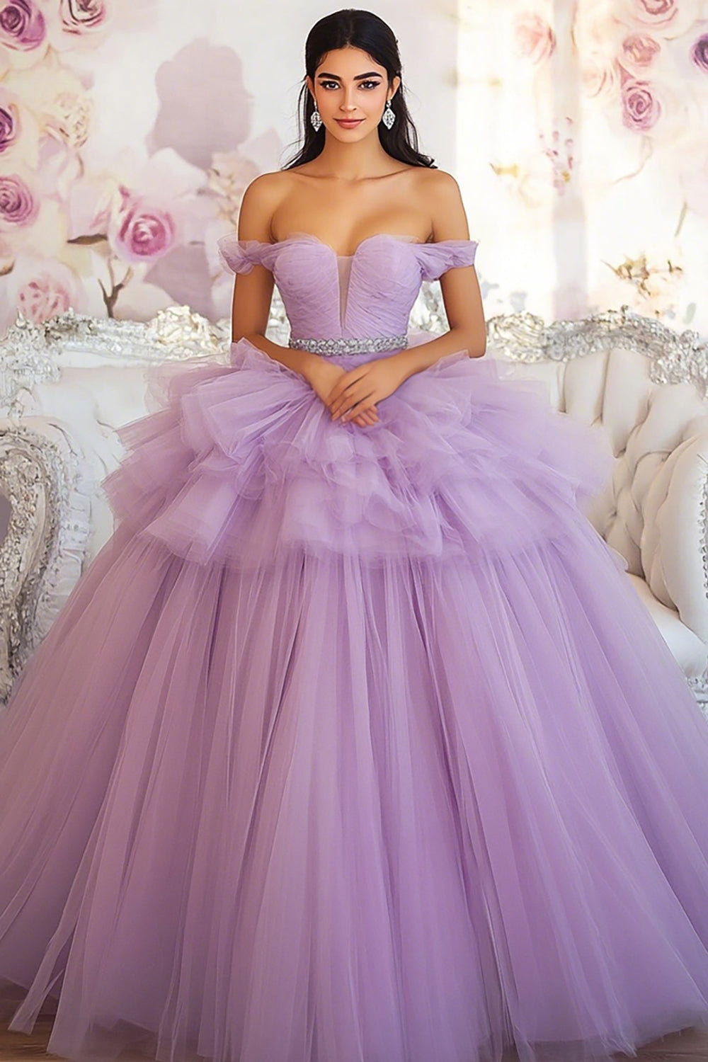 Off The Shoulder Lilac Ball Gown Ruffled Quinceanera Dress