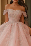 Ball Gown Off The Shoulder Pink Beaded Quinceanera Dress