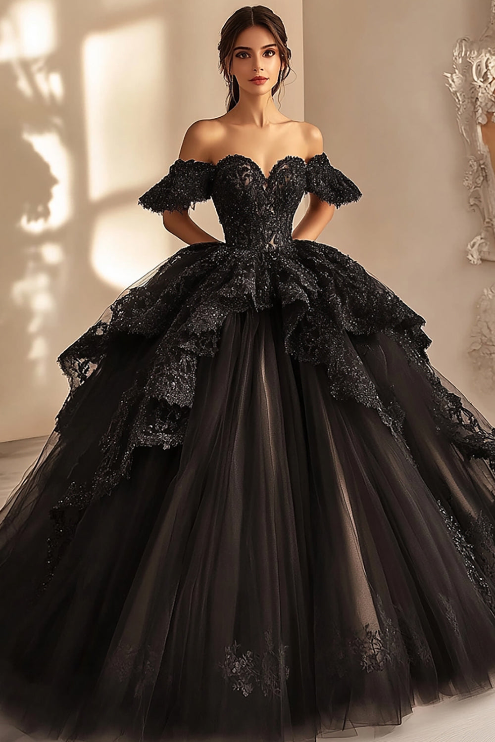 Ball Gown Off The Shoulder Black Lace Quinceanera Dress