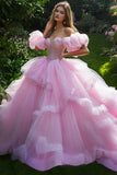 Princess Pink Ball Gown Off the Shoulder Ruffled Tulle Quinceanera Dress