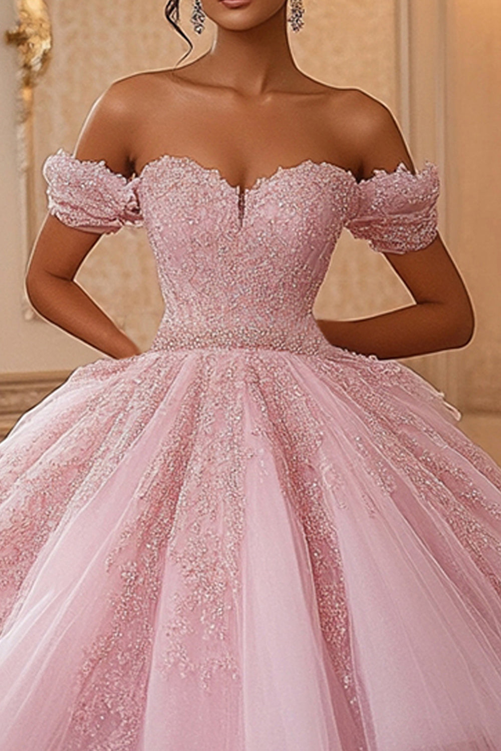 Princess Ball Gown Off the Shoulder Pink Lace Quinceanera Dress