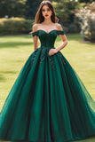 Princess Ball Gown Off the Shoulder Dark Green Appliqued Quinceanera Dress