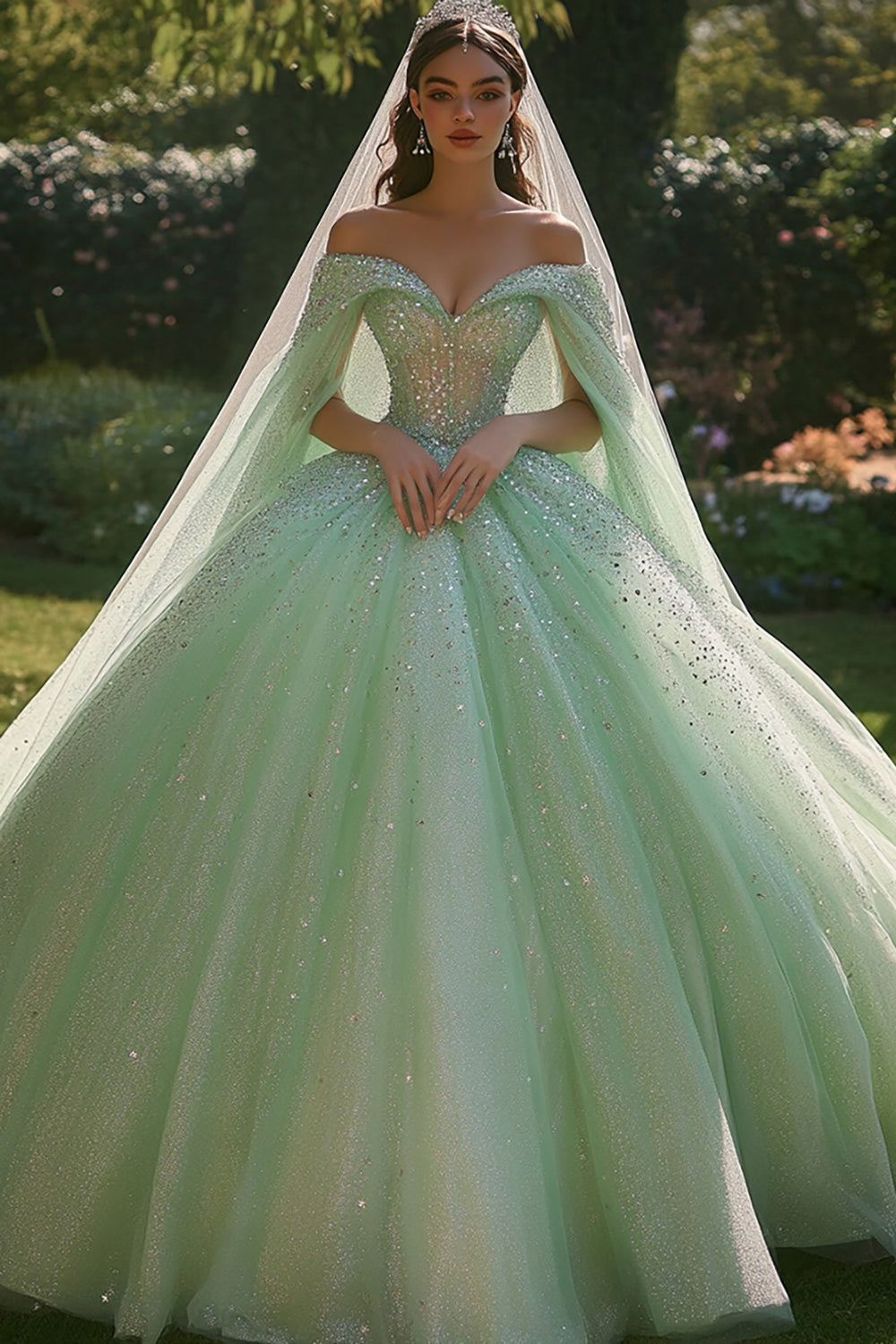 Glitter Ball Gown Off the Shoulder Light Green Sequin Quinceanera Dress