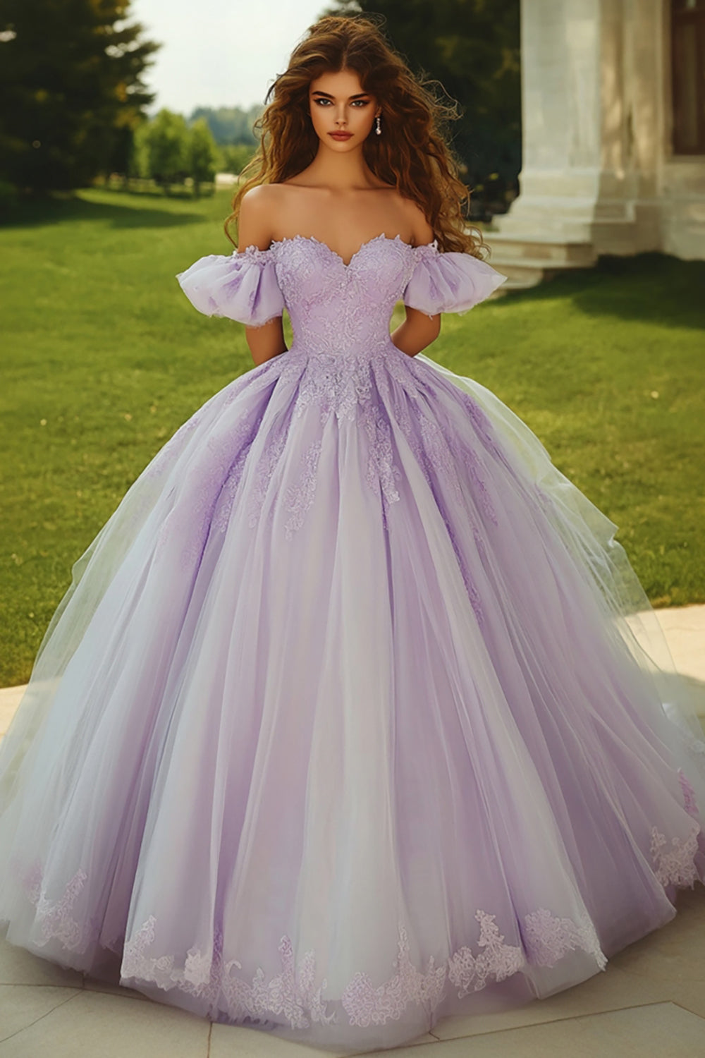 Lilac Ball Gown Off the Shoulder Appliqued Quinceanera Dress