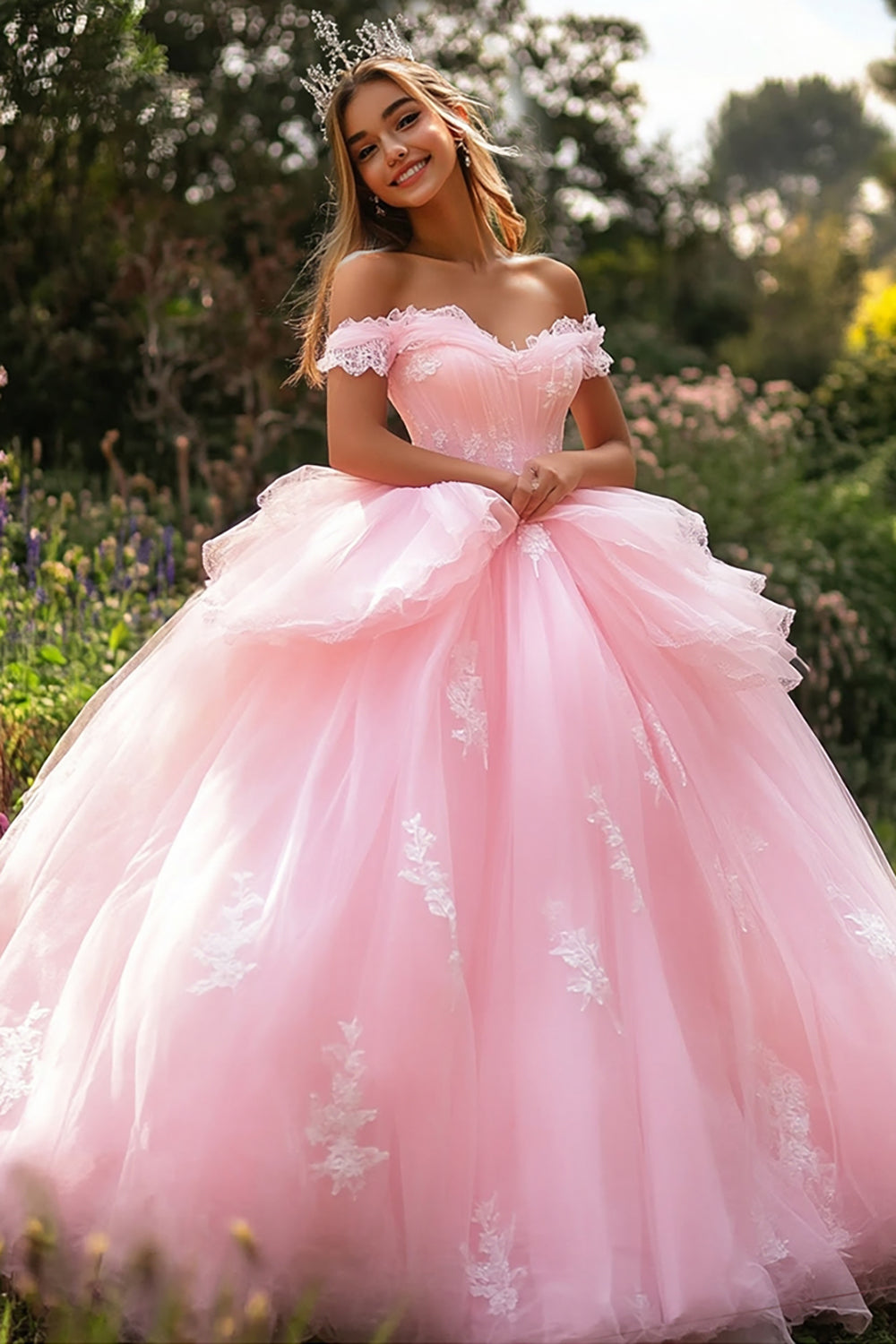 Princess Ball Gown Off the Shoulder Ruffled Pink Quinceanera Dress