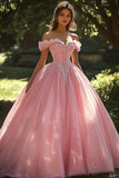 Princess Off the Shoulder Appliqued Ball Gown Pink Quinceanera Dress