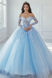 Off The Shoulder Appliqued Ball Gown Sky Blue Lace Quinceanera Dress