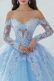 Off The Shoulder Appliqued Ball Gown Sky Blue Lace Quinceanera Dress