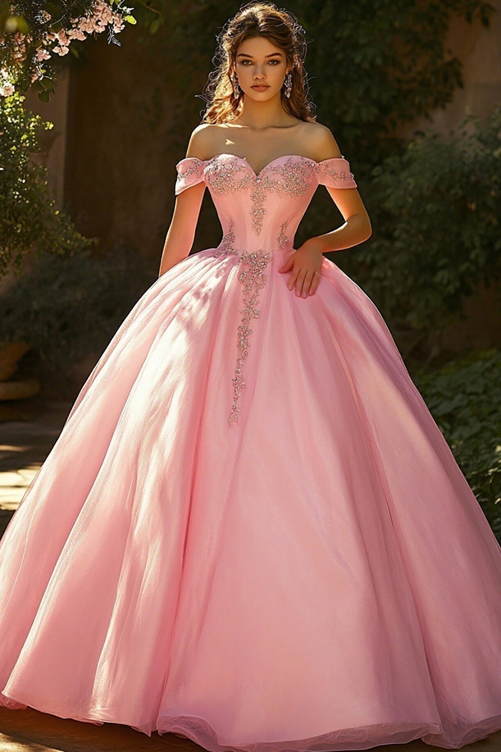 Ball Gown Pink Off the Shoulder Appliqued Princess Quinceanera Dress