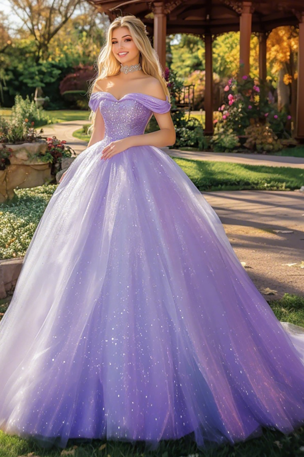 Sparkly Lilac Ball Gown Off the Shoulder Tulle Long Quinceanera Dress with Sequins
