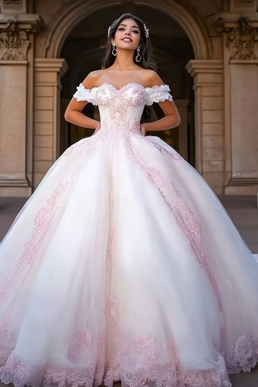 White and Pink Ball Gown Princess Tulle Long Quinceanera Dress with Appliques