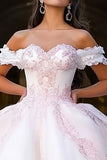 White and Pink Ball Gown Princess Tulle Long Quinceanera Dress with Appliques