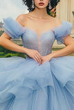 Glitter Dusty Blue Ball Gown Long Off the Shoulder Quinceanera Dress with Ruffles