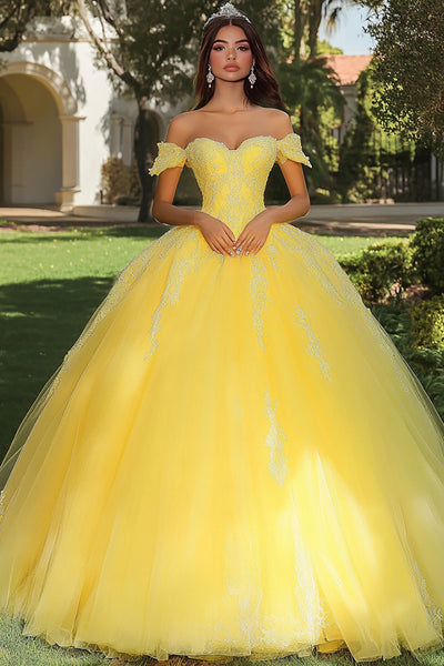 belle yellow quince dress Zapaka Women Yellow Long Tulle Princess Quinceanera Dress with Lace Ball Gown Off the Shoulder Sweet 16 Dress, Yellow / US14