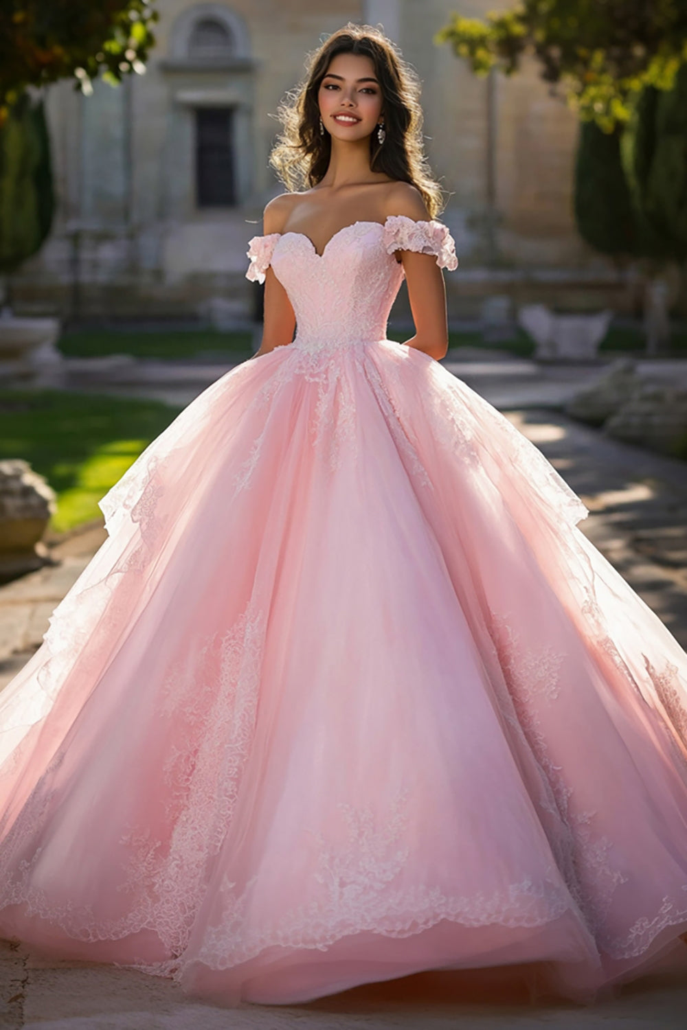 Pink Off the Shoulder Tulle Ball Gown Long Quinceanera Dress with Lace