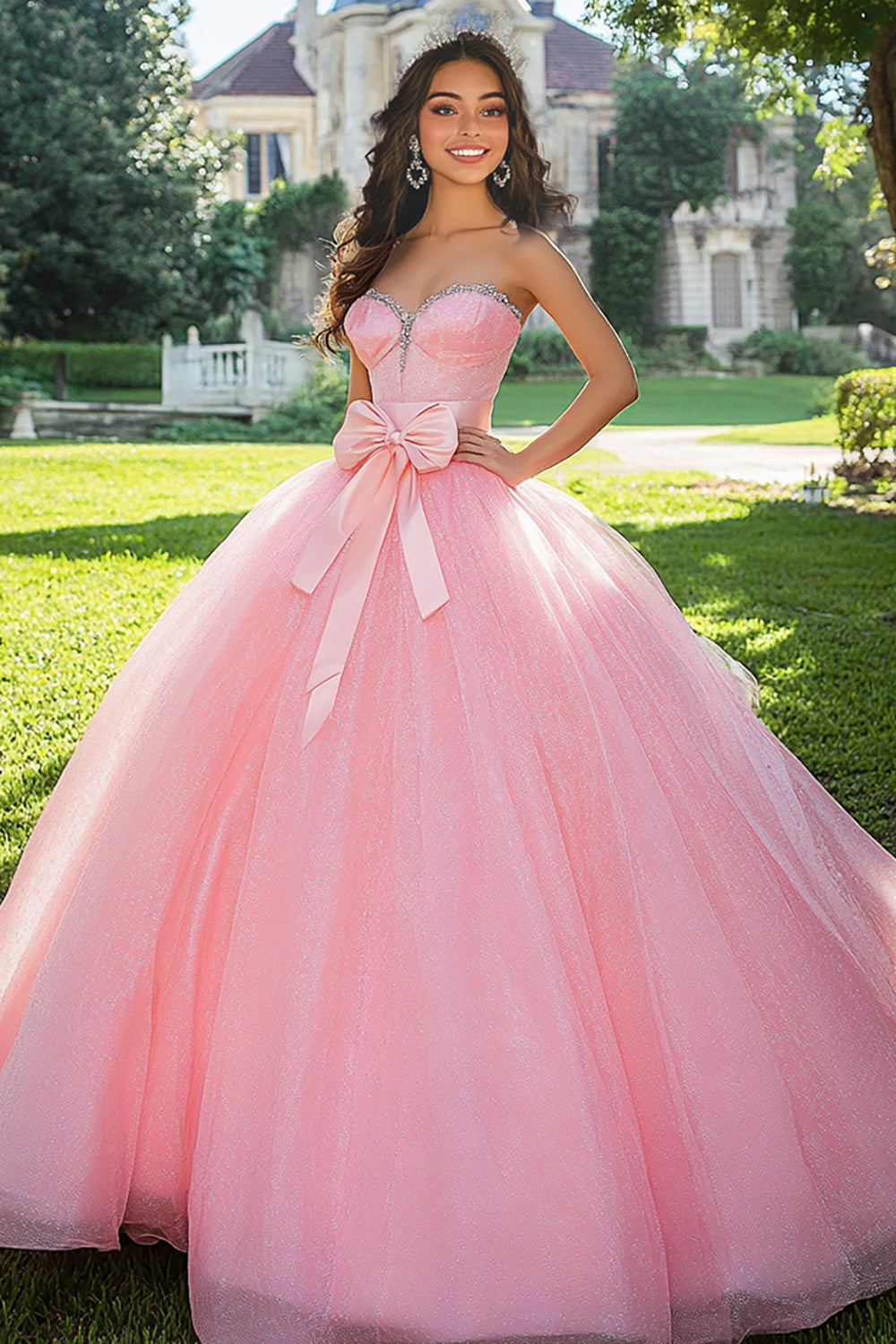 Sparkly Pink Ball Gown Tulle Sweetheart Long Quinceanera Dress with Bow