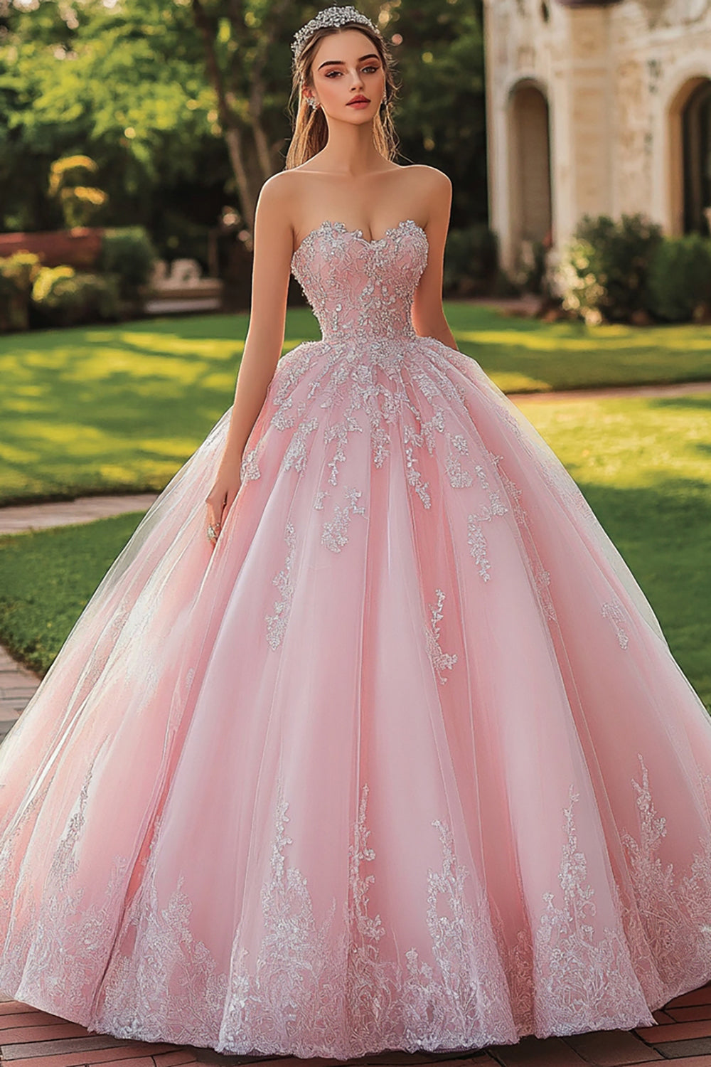 Pink Princess Long Tulle Quinceanera Dress with Lace