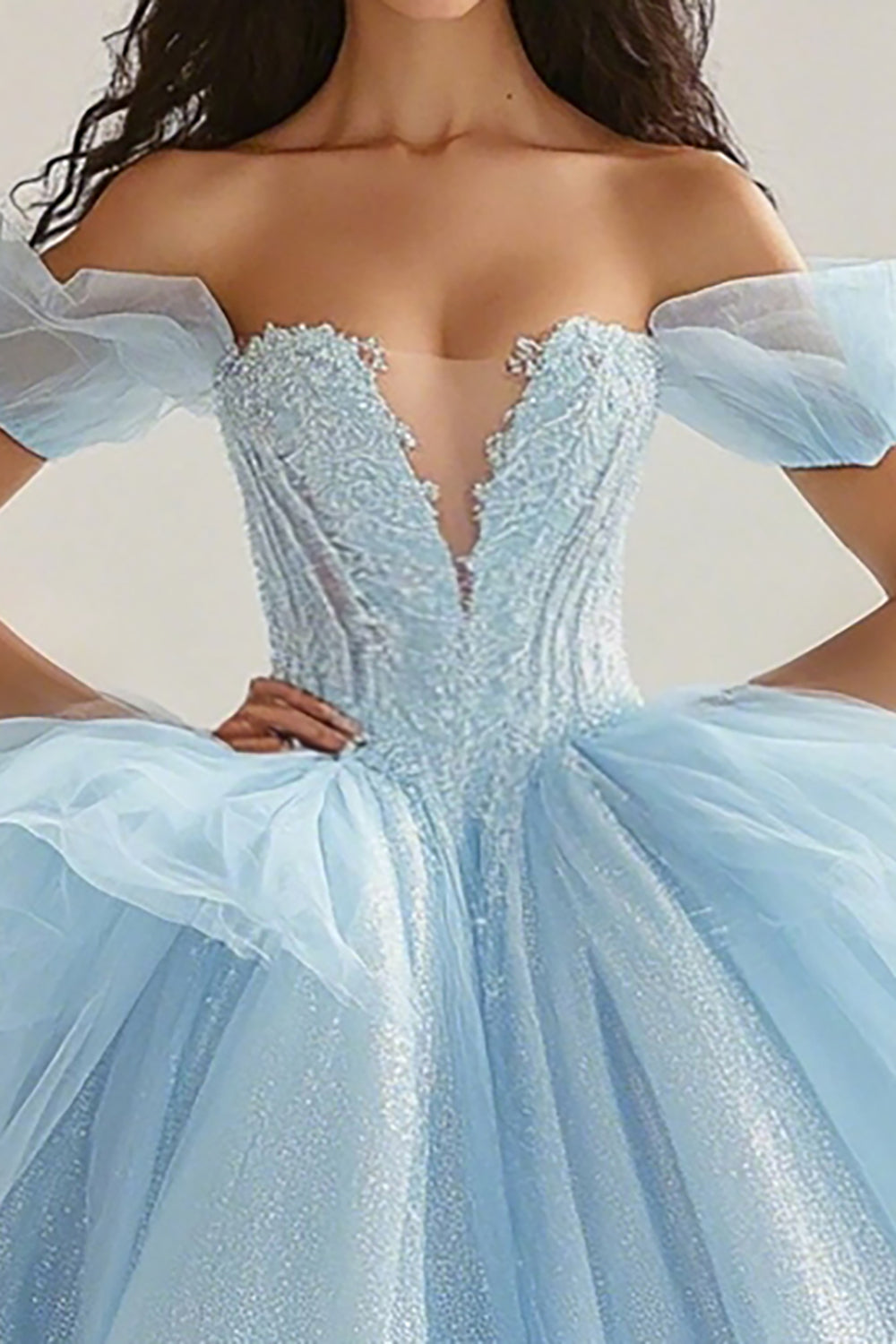Sky Blue Ball Gown Princess Glitter Long Tulle Quinceanera Dress with Ruffles