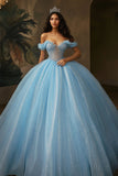 Sky Blue Glitter Corset Ball Gown Long Princess Quinceanera Dress with Ruffles
