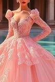 Pink Ball Gown Tulle Long Sleeves Princess Quinceanera Dress with Ruffles