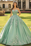 Sage Green Ball Gown Long Strapless Princess Quinceanera Dress with Appliques
