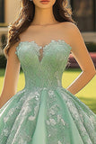 Sage Green Ball Gown Long Strapless Princess Quinceanera Dress with Appliques