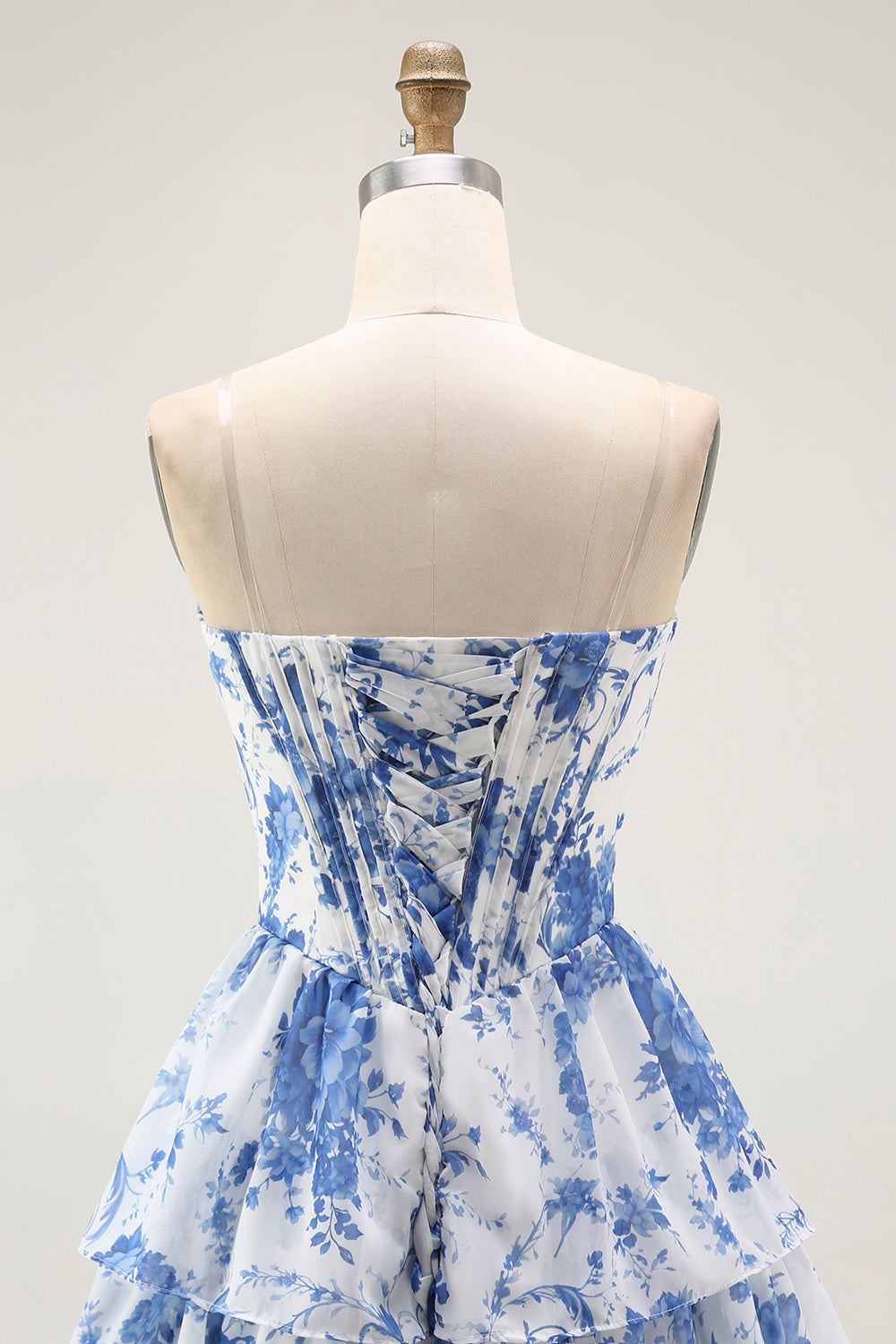 Strapless White Blue Flower Corset A-Line Tiered Ruffle Homecoming Dress