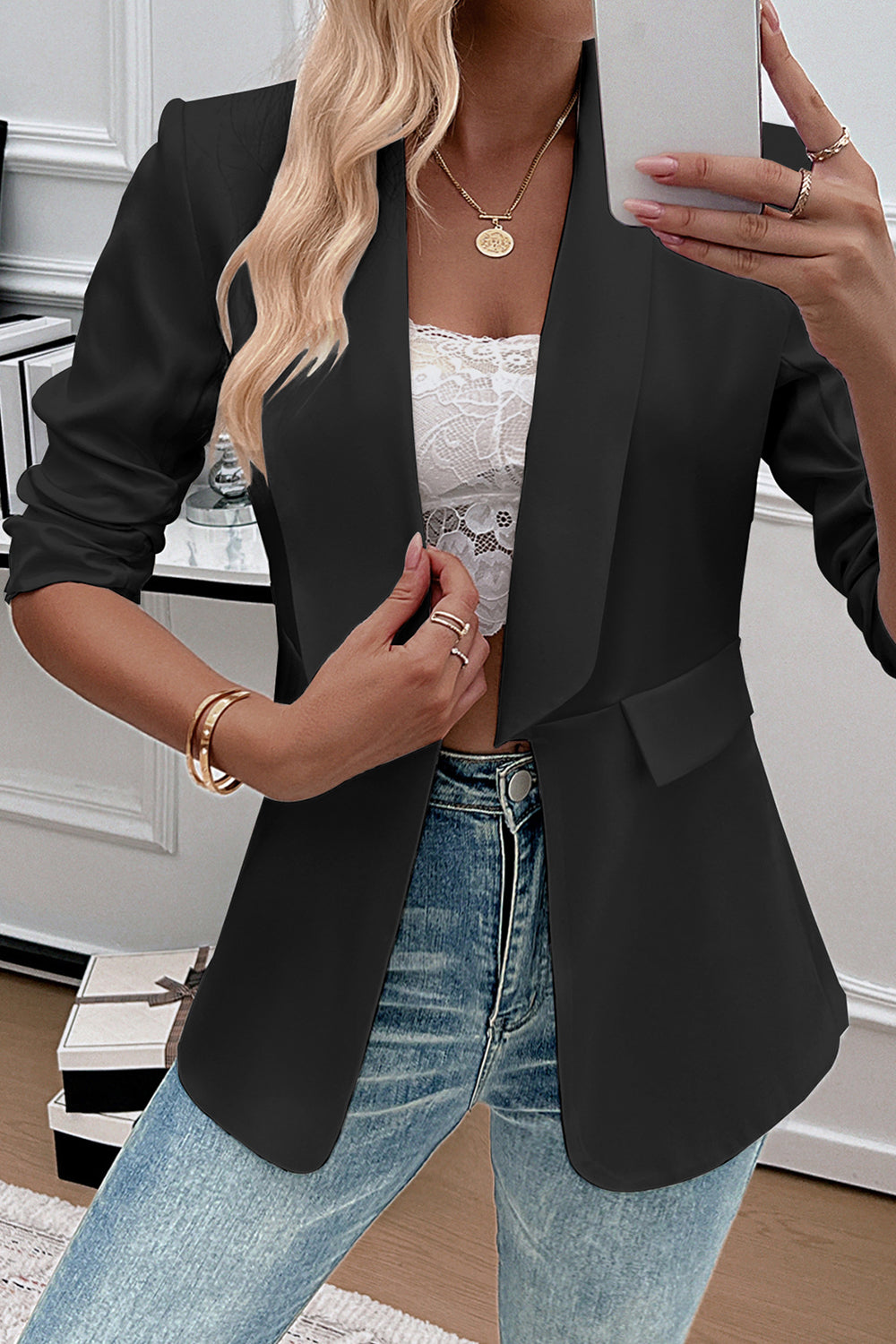 White Shawl Lapel Casual Women's Blazer