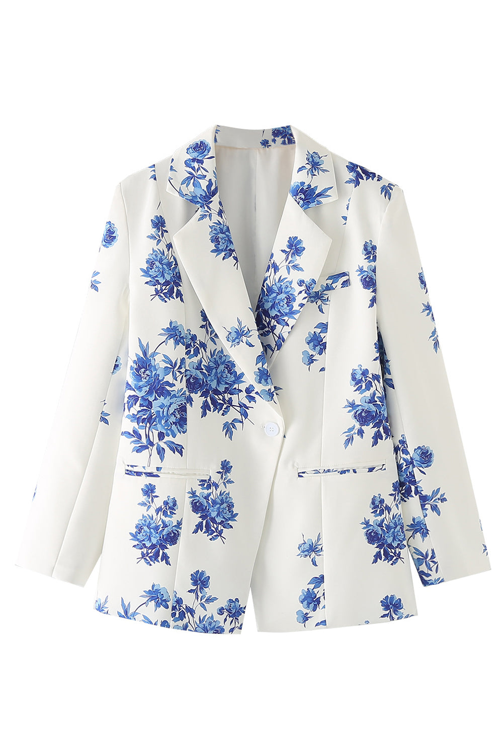 Blue Flower Notched Lapel One Button Women's Blazer