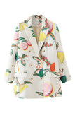 Fruit Print White Flower Notched Lapel Double Breasted Women's Blazer