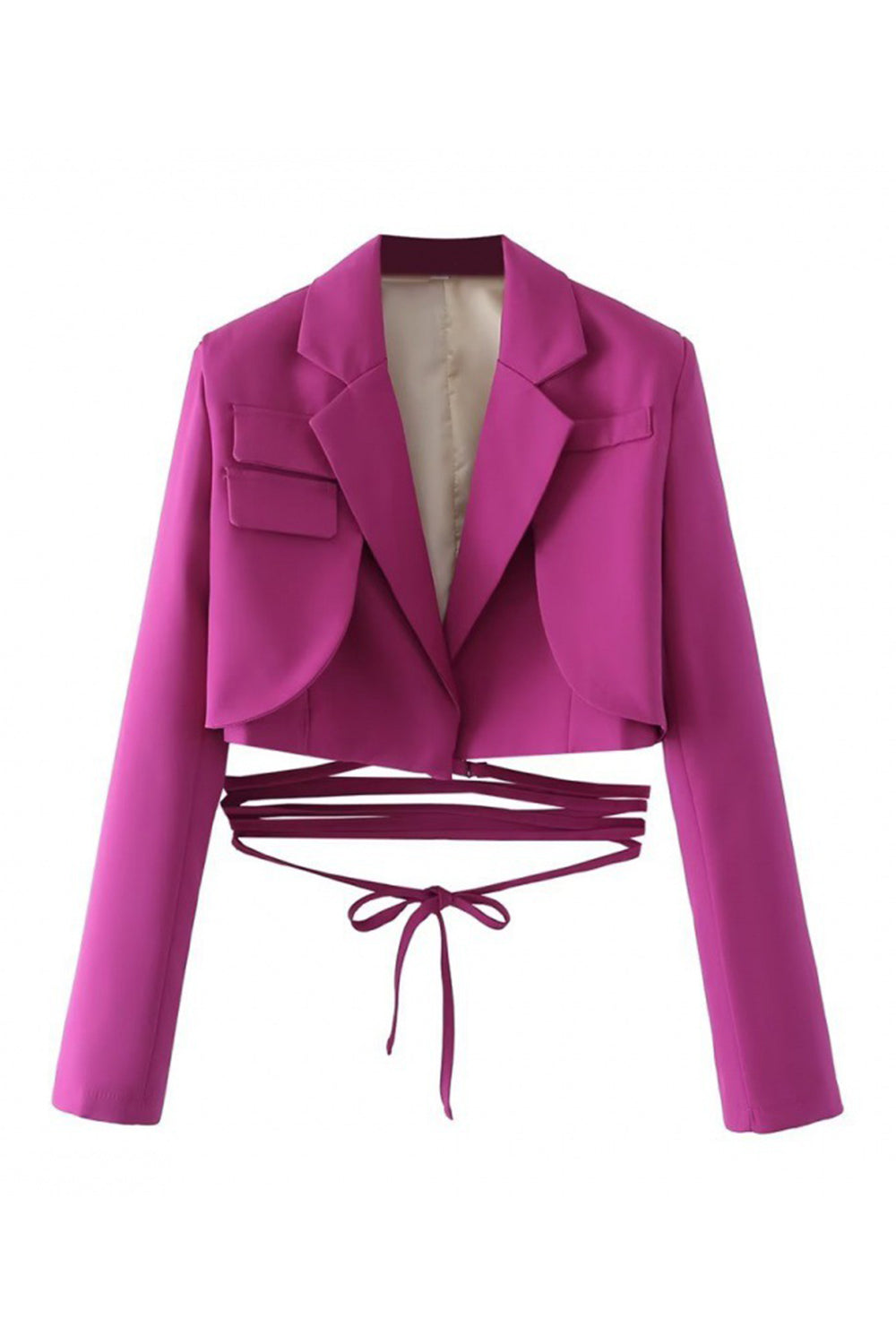 Hot Pink Notched Lapel Tie Cropped Women's Blazer