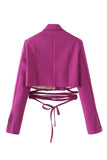 Hot Pink Notched Lapel Tie Cropped Women's Blazer