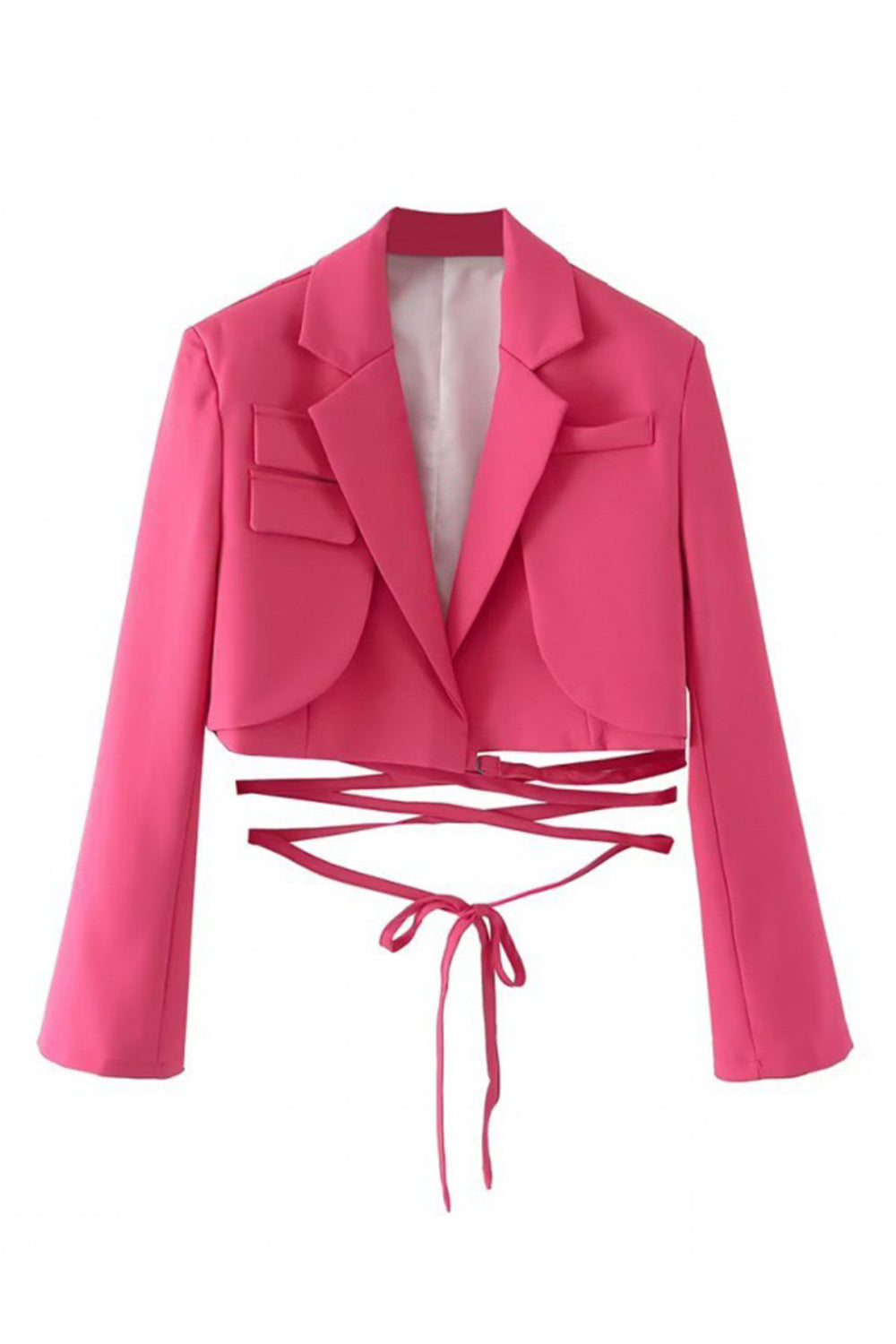 Hot Pink Notched Lapel Tie Cropped Women's Blazer