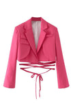 Hot Pink Notched Lapel Tie Cropped Women's Blazer