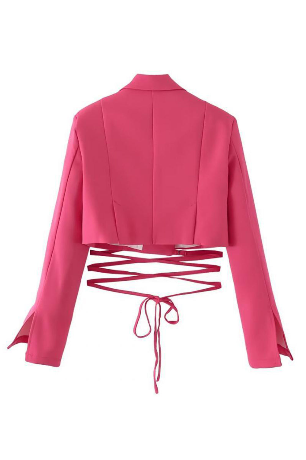 Hot Pink Notched Lapel Tie Cropped Women's Blazer