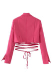 Hot Pink Notched Lapel Tie Cropped Women's Blazer