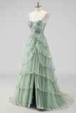 Sparkly Dark Red A Line Strapless Sequins Tiered Corset Prom Dress with Slit