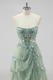 Sparkly Sage Green A Line Spaghetti Straps Sequins Corset Tiered Prom Dress with Slit