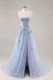 Navy A Line Strapless Sequins Tulle Corset Long Prom Dress With Slit