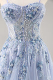 Navy A Line Strapless Sequins Tulle Corset Long Prom Dress With Slit