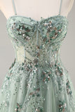 Navy A Line Strapless Sequins Tulle Corset Long Prom Dress With Slit