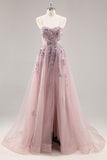 Navy A Line Strapless Sequins Tulle Corset Long Prom Dress With Slit