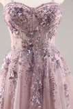Navy A Line Strapless Sequins Tulle Corset Long Prom Dress With Slit