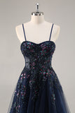 Navy A Line Strapless Sequins Tulle Corset Long Prom Dress With Slit