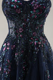 Navy A Line Strapless Sequins Tulle Corset Long Prom Dress With Slit